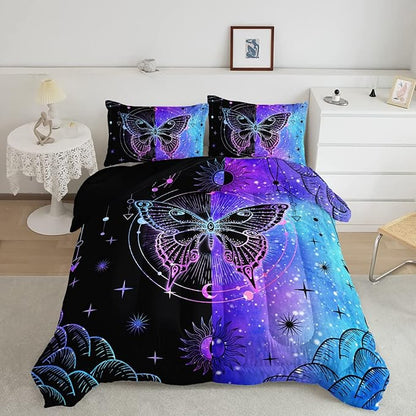 Datura home Black Blue Butterfly Comforter Set for Girls Women,Boho Butterfly Sun and Moon Mandala Printed Bedding Set with 2 Pillowcases(Black Blue Full)