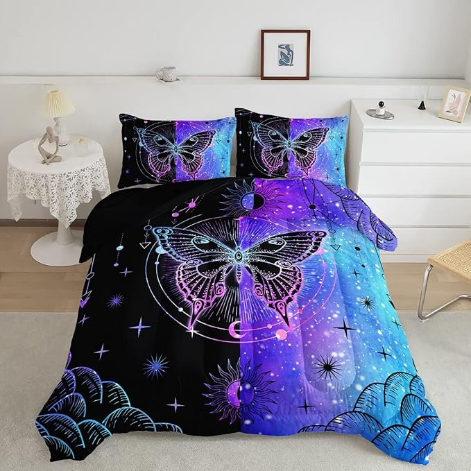 Datura home Black Blue Butterfly Comforter Set for Girls Women,Boho Butterfly Sun and Moon Mandala Printed Bedding Set with 2 Pillowcases(Black Blue Queen)
