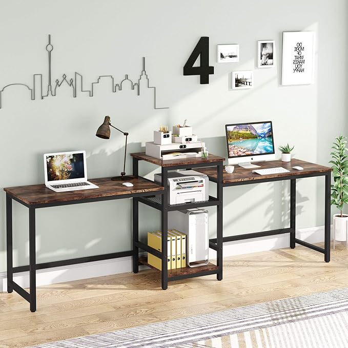Tribesigns 96.9" Double Computer Desk with Printer Shelf, Extra Long Two Person Desk Workstation with Storage Shelves, Large Office Desk Study Writing Table for Home Office, Dark Brown