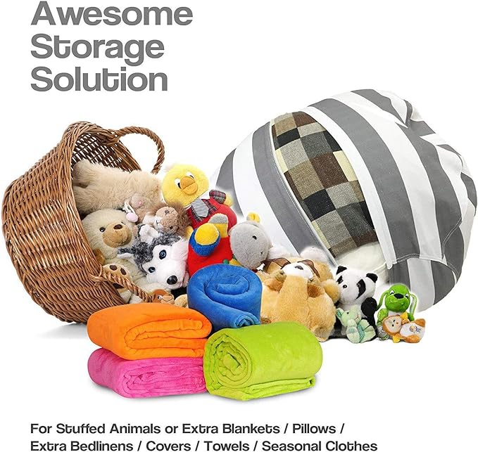 2 Packs Stuffed Animal Storage Beanbag Cover 24" Bean Bag Storage for Kids Girs Boys Room Toys Organizer Heavy-duty Zipper Bean Bag Chair Covers Only Grey Blue White Stripes Cotton Canvas