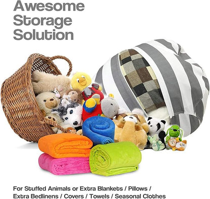 2 Packs Stuffed Animal Storage Beanbag Cover 24" Bean Bag Storage for Kids Girs Boys Room Toys Organizer Heavy-duty Zipper Bean Bag Chair Covers Only Grey Blue White Stripes Cotton Canvas