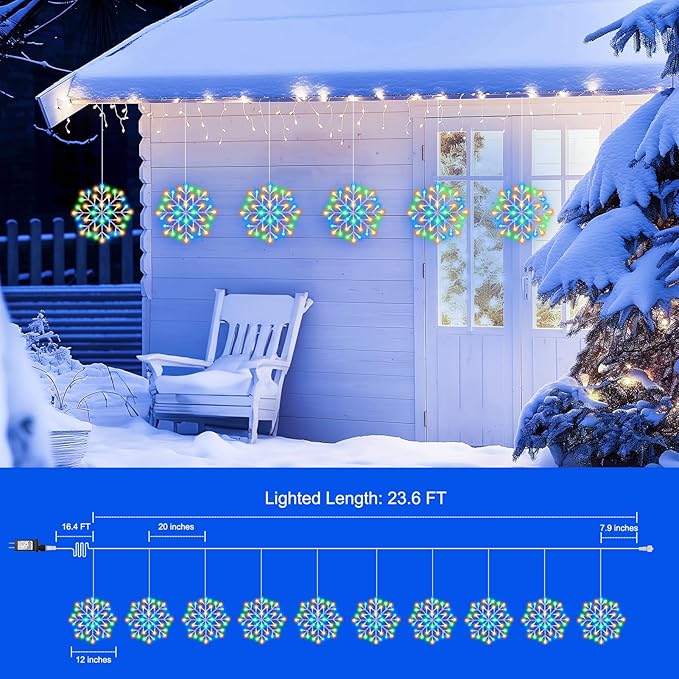 Christmas Snowflake Icicle Lights Outdoor - Plug-in 23.6ft 10 Drops 480LED Snowflake Window Lights, Connectable for Indoor Outdoor Porch Eaves Rooftops Canopy Christmas Decoration, Multicolor