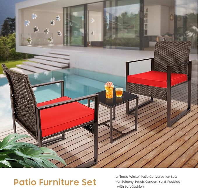 YIYAN 3 Pieces Outdoor Furniture Set Patio Rattan Wicker Chairs & teatable,Lawn Garden Balcony Backyard,with Washable Cushion (Red)