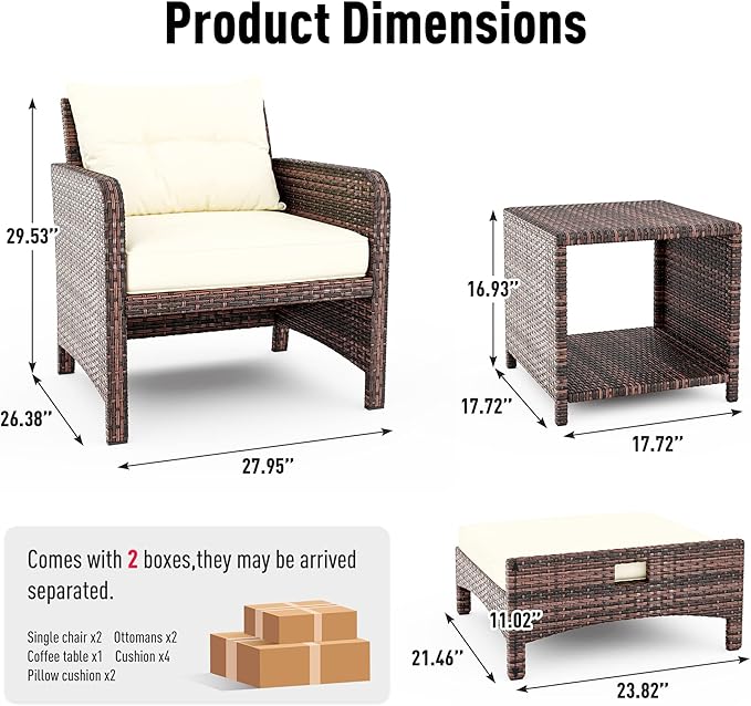 Pamapic 5 Pieces Outdoor Patio Wicker Chairs Set with Ottoman, Outside Conversation Furniture Set with Cushions and Coffee Table for Balcony Porch Lawn Garden (Cream Cushion+ Umber Rattan)