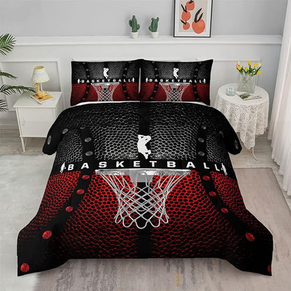 Axolotl Basketball Bedding Set for Boys Kids Teens,Soft Microfiber Black and Red Sports Theme Basketball Bedding Sets Queen Size with 1 Comforter and 2 Pillowcases All Season