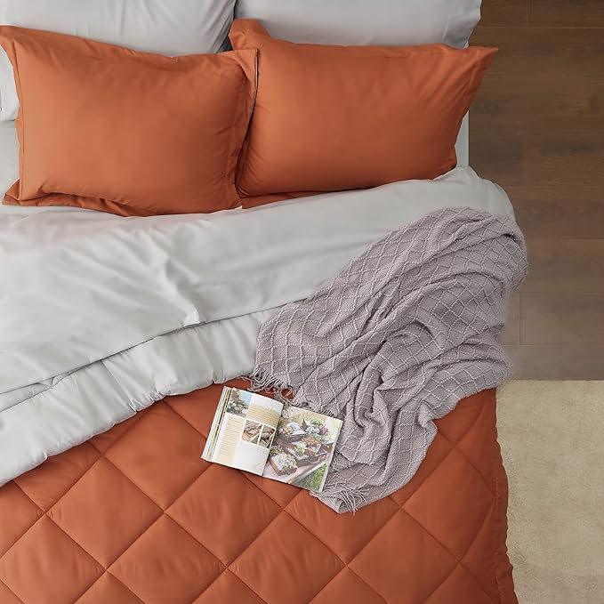 Bedsure Burnt Orange Queen Comforter Set - 7 Pieces Reversible Queen Bed in a Bag Queen Bed Set with Comforters, Sheets, Pillowcases & Shams, Queen Bedding Sets
