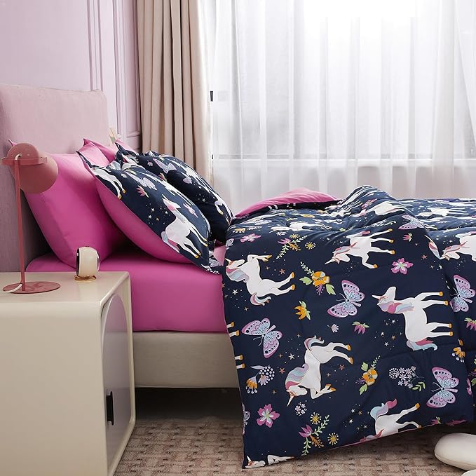 Mooreeke Kids Comforter Bed Set Full Size for s Girls, 8 Pieces Bed in a Bag with Shams, Sheet Set, Purple Pink Unicorn Full Soft Microfiber Kids Comforter Bedding Set