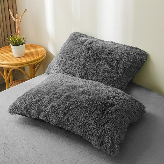 FOPPA Dark grey fluffy Comforter Cover Set king- Ultra Soft fluffy Dark grey Bedding Sets 3 Pieces (1 Duvet Cover + 2 Pillow case) Dark grey fluffy bed set (Dark Grey, King)