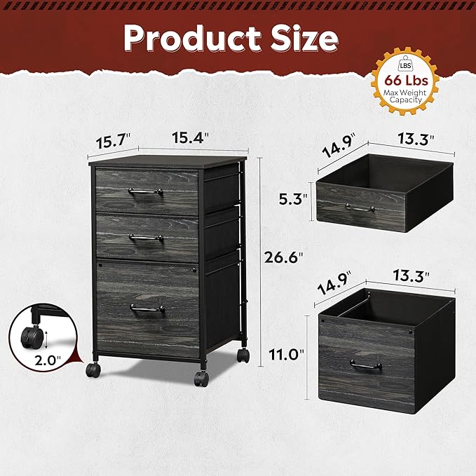 DEVAISE Mobile File Cabinet, Rolling Printer Stand with 3 Drawers, Fabric Vertical Filing Cabinet fits A4 or Letter Size for Home Office, Charcoal Black Wood Grain Print