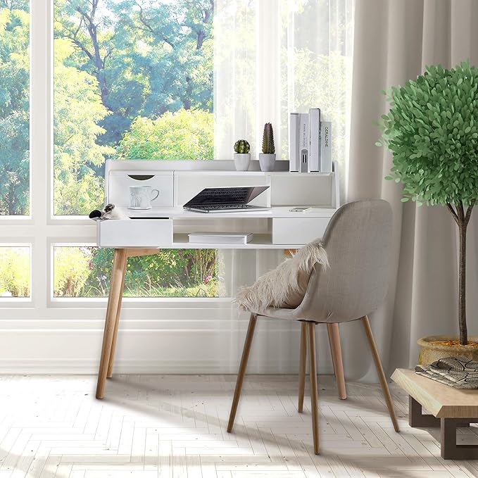 Teamson Home Creativo Writing Study Computer Desk with Solid Wood Legs, Storage Drawers and Open Shelves Hutch for Home Office Living Room Reading Bedroom, 37 inch Height, White