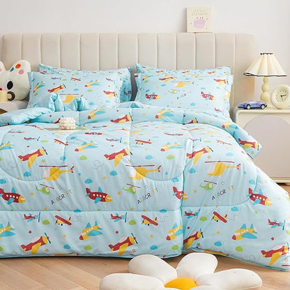 Mooreeke Bed in a Bag for Kids Boys Teens, 7 Pieces Full Size Aircraft Print Comforter Bed Set with Shams, Sheet Set, Airplane Blue Super Soft Microfiber Kids Comforter Bedding Set