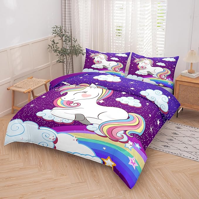 Tailor Shop Unicorn Bedding Sets King Size,Purple Unicorn Comforter Sets for Girls Kids Teens with 2 Pillowcase…