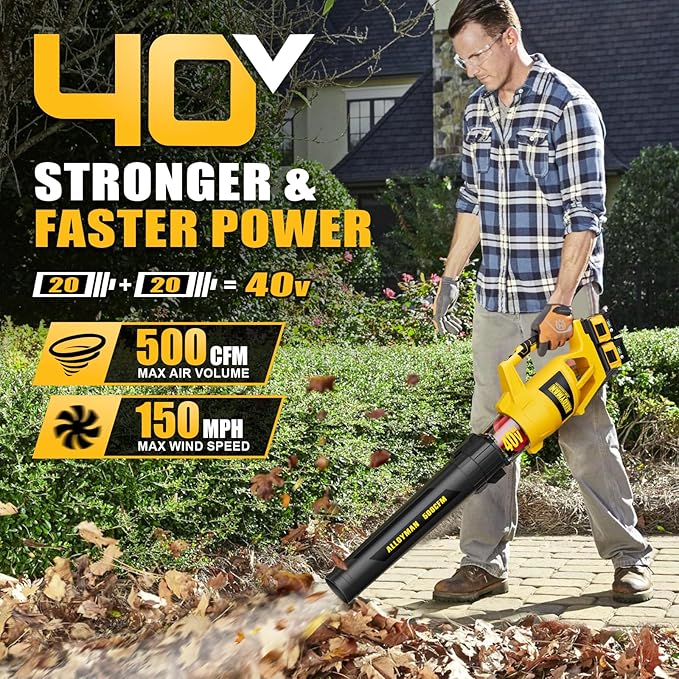 ALLOYMAN 40V Max Cordless Leaf Blower,500CFM Dual Battery Driven Blower with 2 * 4.0Ah Batteries & Fast Charger,2 Variable Speed Lightweight Battery Powered Leaf Blowers for Lawn Care/Snow Blowing