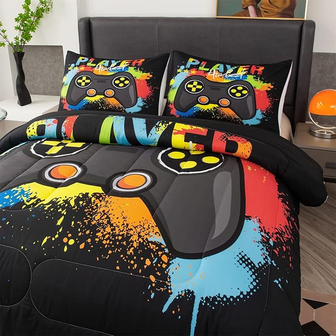 Game Console Comforter Set for Boys Colorful Graffiti Gaming Lightweight Microfiber Bedding Sets Modern Gamer Duvet for All Season Teens Bedroom Decor