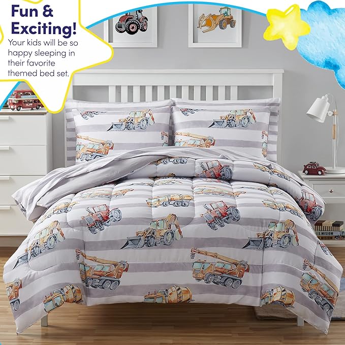 Kids Bedding Set Bed in a Bag for Boys and Girls Toddlers Printed Sheet Set and Comforter , Full, Trucks