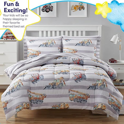 Kids Bedding Set Bed in a Bag for Boys and Girls Toddlers Printed Sheet Set and Comforter , Full, Trucks