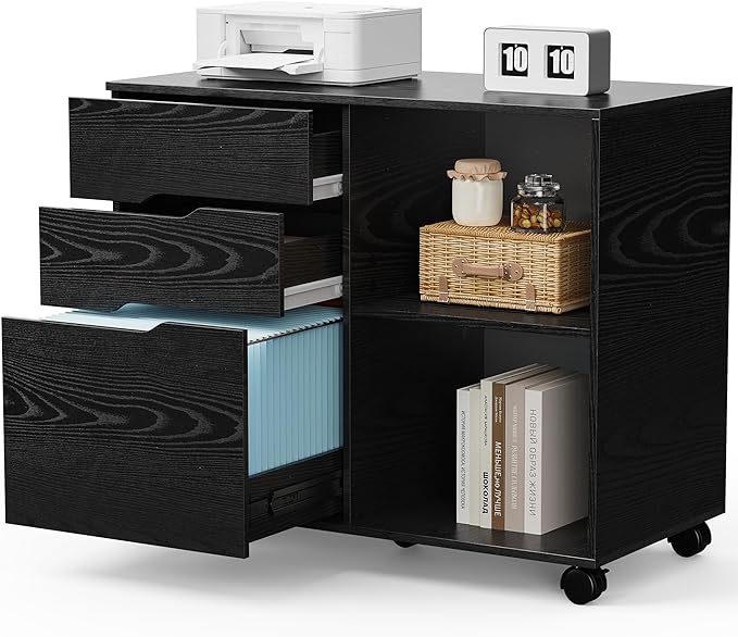 OLIXIS 3 Drawer File Cabinet Lateral Printer Stand with Adjustable Storage Shelves for Home Office Small Space, Black
