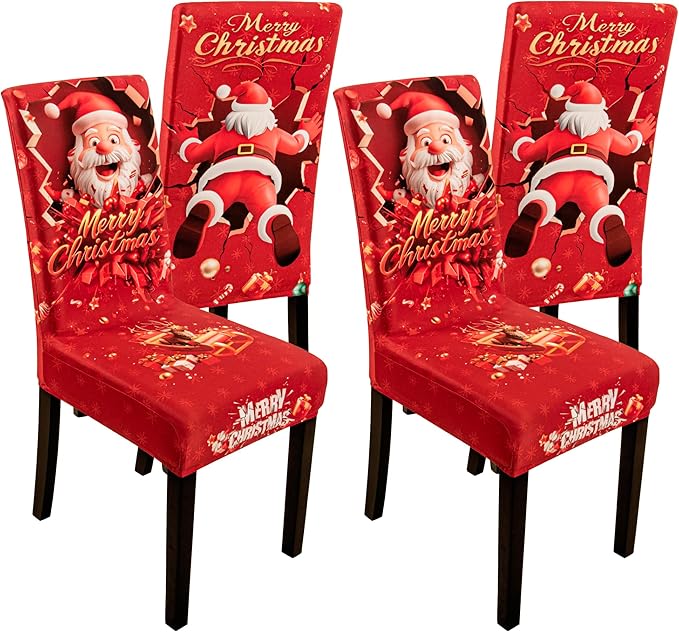 4PCS Christmas Dining Chair Covers Stretch Removable Washable Dining Room Chair Protector Slipcover 3D Print Santa Claus Deer Kitchen Chair Cover Slipcovers Protector for Xmas Holiday Party Home Décor