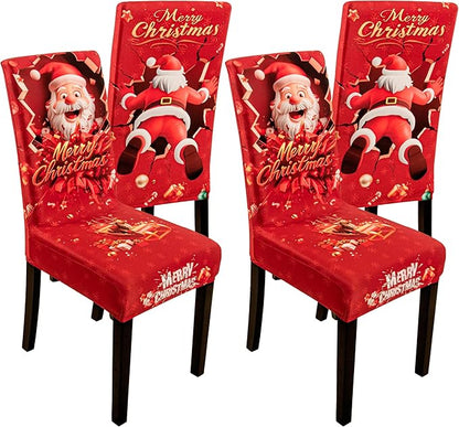 4PCS Christmas Dining Chair Covers Stretch Removable Washable Dining Room Chair Protector Slipcover 3D Print Santa Claus Deer Kitchen Chair Cover Slipcovers Protector for Xmas Holiday Party Home Décor