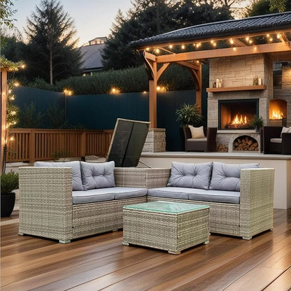 4 Piece Outdoor Furniture Set Wicker Rattan Patio Sectional Sofa with Storage Box and Table for Garden, Backyark, Porch Deck, Balcony, Grey