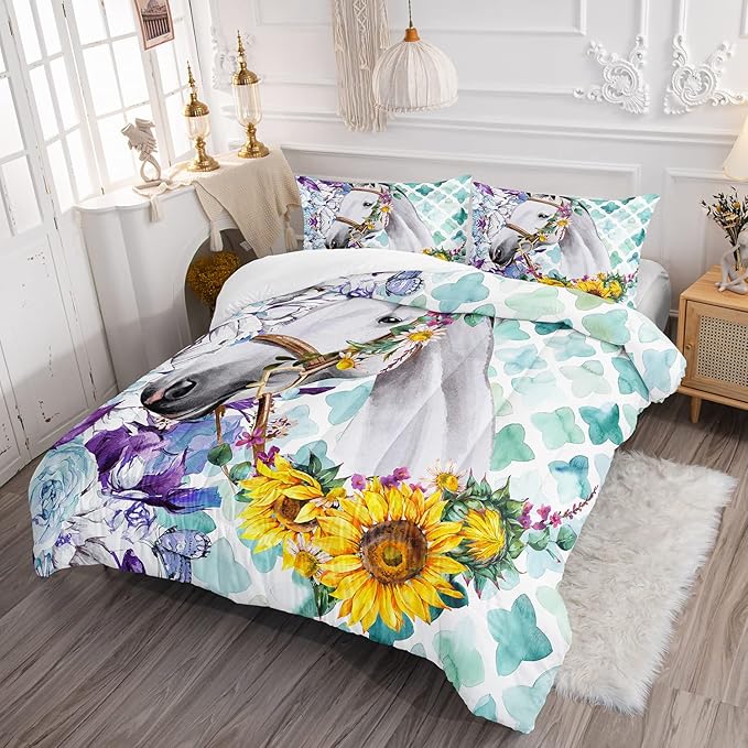 Kid Sunflower Horse Comforter Set 3Pcs Rose Butterfly Retro Horse Bedding Set for Boys Girls Adult, 1 Comforter + 2 Pillowcases