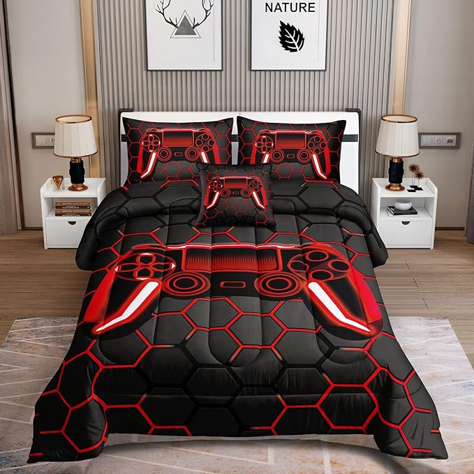 6 Pieces Gaming Bedding Set for Boys Gamer Comforter Set Full Size,Game Controller Comforter for Boys Kids Adult 3D Gamepad Microfiber Bedding 5 Pieces Bed in A Bag Sets-H50023,Full