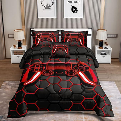 6 Pieces Gaming Bedding Set for Boys Gamer Comforter Set Full Size,Game Controller Comforter for Boys Kids Adult 3D Gamepad Microfiber Bedding 5 Pieces Bed in A Bag Sets-H50023,Full