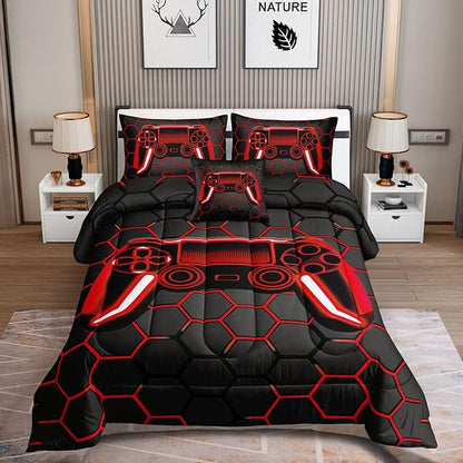 6 Pieces Gaming Bedding Set for Boys Gamer Comforter Set Queen Size,Game Controller Comforter for Boys Kids Adult 3D Gamepad Microfiber Bedding 6 Pieces Bed in A Bag Sets H50023,Queen
