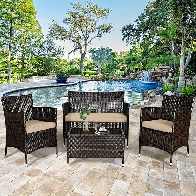 Goplus 4-Piece Rattan Patio Set, Outdoor/Indoor Wicker Conversation Set for Pool, Backyard, Lawn, Wicker Chairs and Sofa with Soft Cushion, Rattan Furniture with Tempered Glass Coffee Table