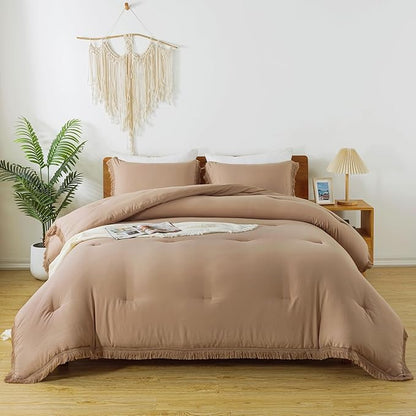 Andency Taupe Comforter Set Full Size, 3 Pieces Boho Tassel Lightweight Bedding Comforter Sets, Tan All Season Soft Fluffy Fringe Bed Set (79x90In Comforter & 2 Pillowcases)