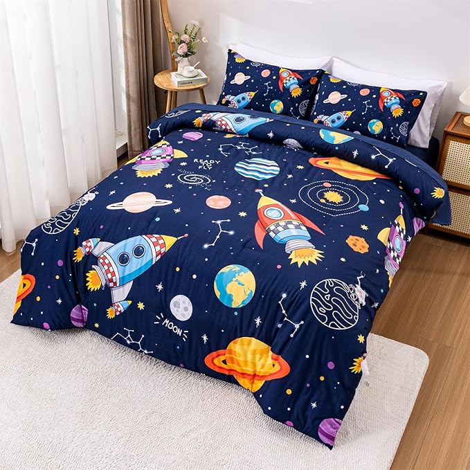 Aimuan Space Comforter Twin Set Kids Rocket Bedding Set Super Soft & Cute Aliens UFO Printed for Boys Girls Teen (Navy, Full 5Pcs)