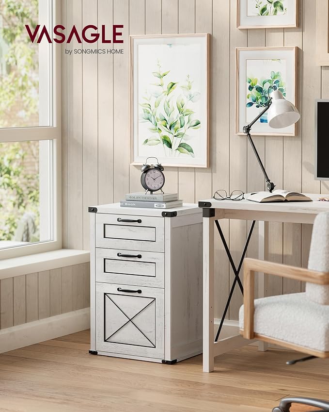 VASAGLE File Cabinet, Filing Cabinet with 3 Drawers, Printer Stand, Fit A4, Letter Size, Hanging File Folders, Modern Farmhouse Style, for Home Office, Study, Rustic White UOFC054T73