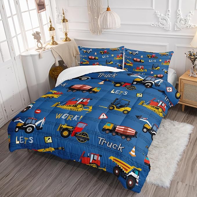 Axolotl Tractor Truck Bedding Set Queen,Excavator Comforter Set,Vehicles Truck Comforter,Boys Bedding Machinery Truck Comforter Construction Site Decor for Kids Boys Teens,1 Quilt 2 Pillowcases,Blue