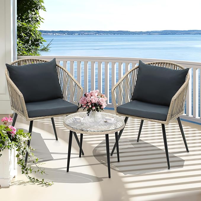 YITAHOME 3-Piece Outdoor Patio Furniture Wicker Bistro Set, All-Weather Rattan Conversation Chairs for Backyard, Balcony and Deck with Soft Cushions, Glass Side Table, Gray Rattan