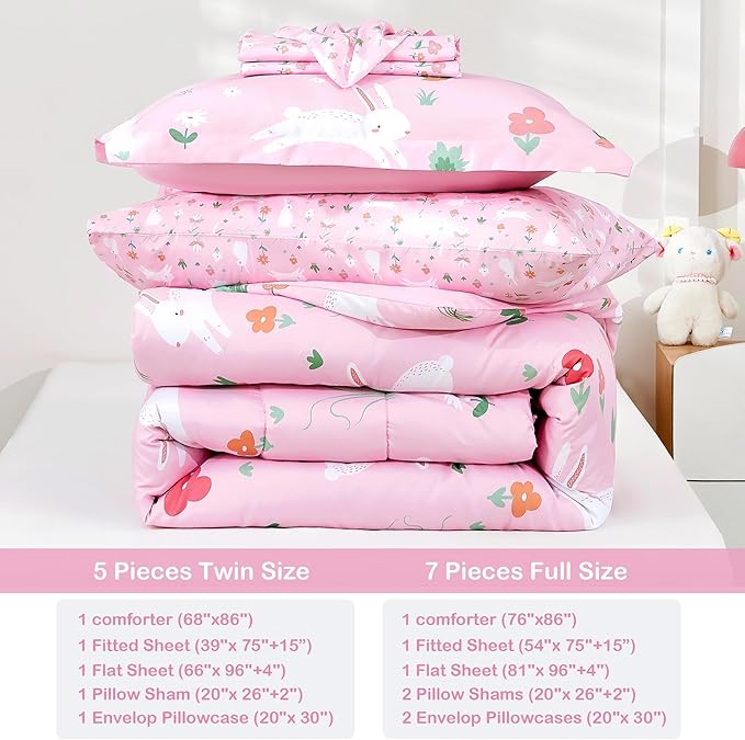 Mooreeke Bed in a Bag for Kids Girls Teens, 5 Pieces Twin Size Comforter Bed Set with Shams, Sheet Set, Rabbit Pink Super Soft Microfiber Kids Comforter Bedding Set