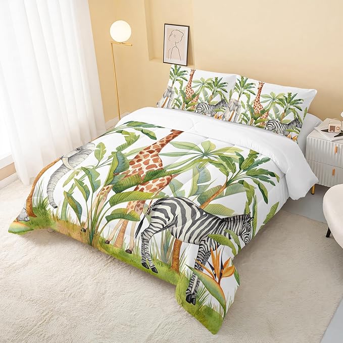 Wild Animal Comforter Queen Size,Elephant Giraffe Zebra Kids Comforter Set,3Pcs Bedding Set Printed Comforter with 2 Pillowcases,Down Alternative,Soft and Lightweight,for All Seasons