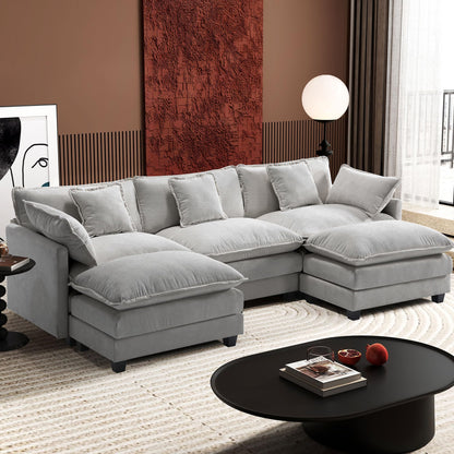 Ihanherry 111.4" L Shaped Modern Sofa Modular Sectional Cloud Couch with Ottoman, 4-Seat Chenille Deep Seat Sofa with Pillow for Living Room, Bedroom and Apartment, Beige