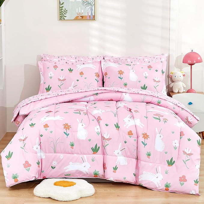 Mooreeke Bed in a Bag for Kids Girls Teens, 5 Pieces Twin Size Comforter Bed Set with Shams, Sheet Set, Rabbit Pink Super Soft Microfiber Kids Comforter Bedding Set