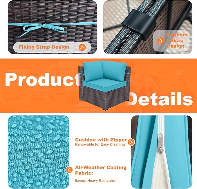 Patio Furniture Set with Fire Pit Table 13 PCS Outdoor Sectional Furniture Outdoor Rattan Patio Conversation Sets with 43in 55,000 BTU Propane Gas Fire Pit Table Glass Table, Blue