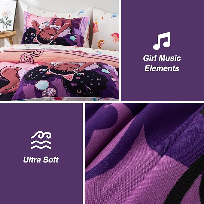 A Nice Night Purple Comforter Sets,Black Girl Listening Music Printed, 6Pcs Bed in A Bag Twin Size All Seasons Bedding Set,for Kids, Girls