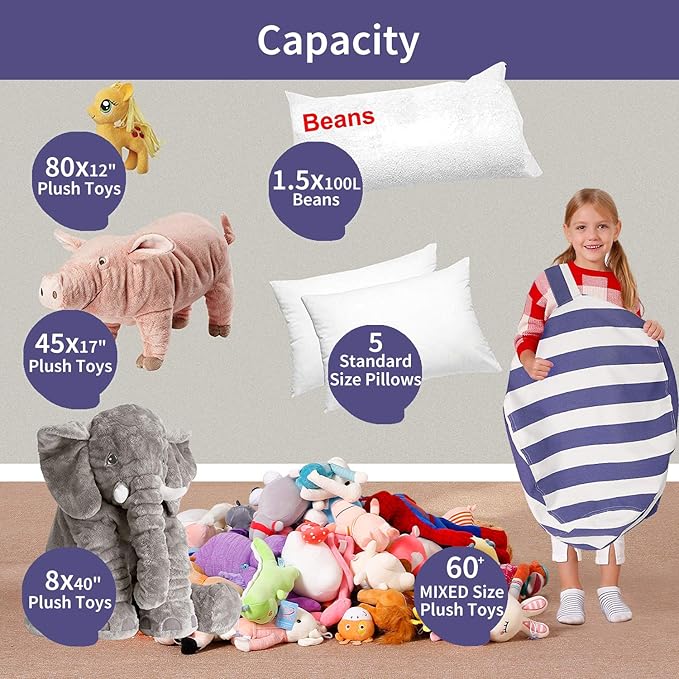 Aubliss Stuffed Animal Bean Bag Storage Chair (Royal Blue/White Striped, Medium (32''))