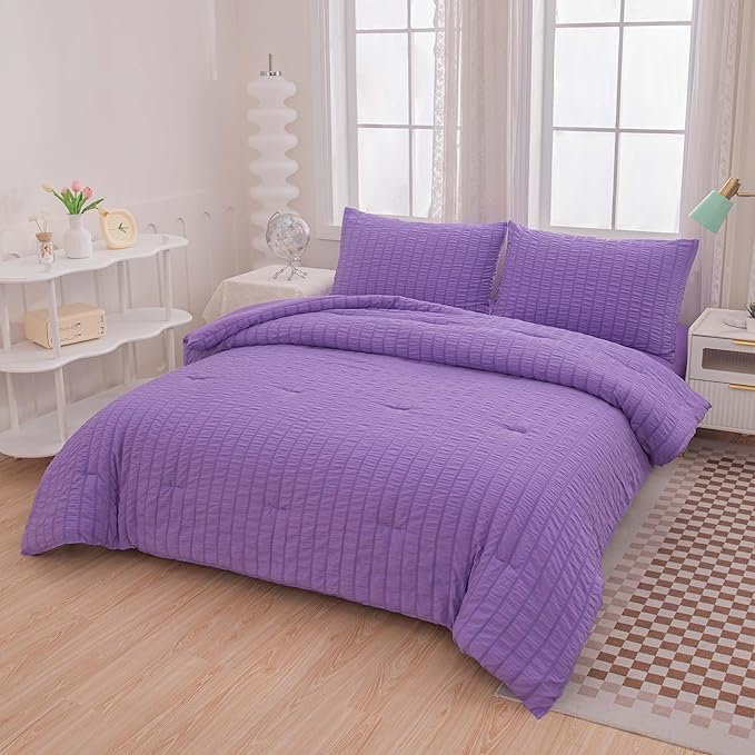 Seersucker Purple Queen Size Comforter Sets for Girls Women Boho Purple Seersucker Bedding Set & Collections 5 Pieces-Soft Lightweight Microfiber Bed Set for All Season,Queen 90''x90''…
