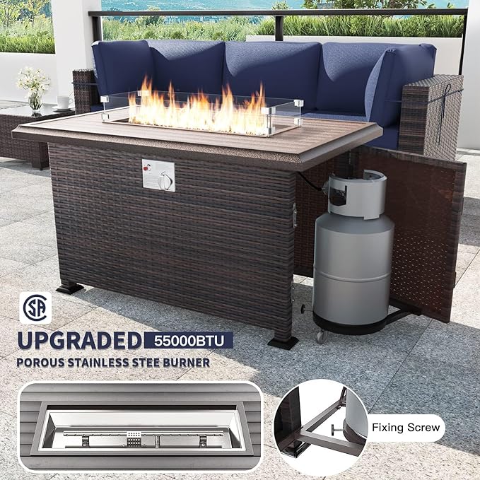 Kullavik 8 Pieces Outdoor Patio Furniture Set with 43" 55000BTU Gas Propane Fire Pit Table PE Wicker Rattan Sectional Sofa Patio Conversation Sets,Dark Blue