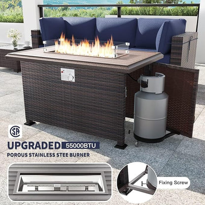 Kullavik 8 Pieces Outdoor Patio Furniture Set with 43" 55000BTU Gas Propane Fire Pit Table PE Wicker Rattan Sectional Sofa Patio Conversation Sets,Dark Blue