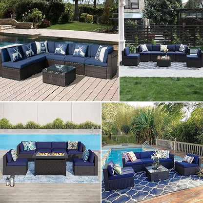 ClawsCover 14Pack Outdoor Patio Seat and Back Cushions Replacement Covers Fit for 7Pieces 6-Seater Wicker Rattan Sectional Couch Chair Furniture Set,Navy-Include Cover Only (Small)