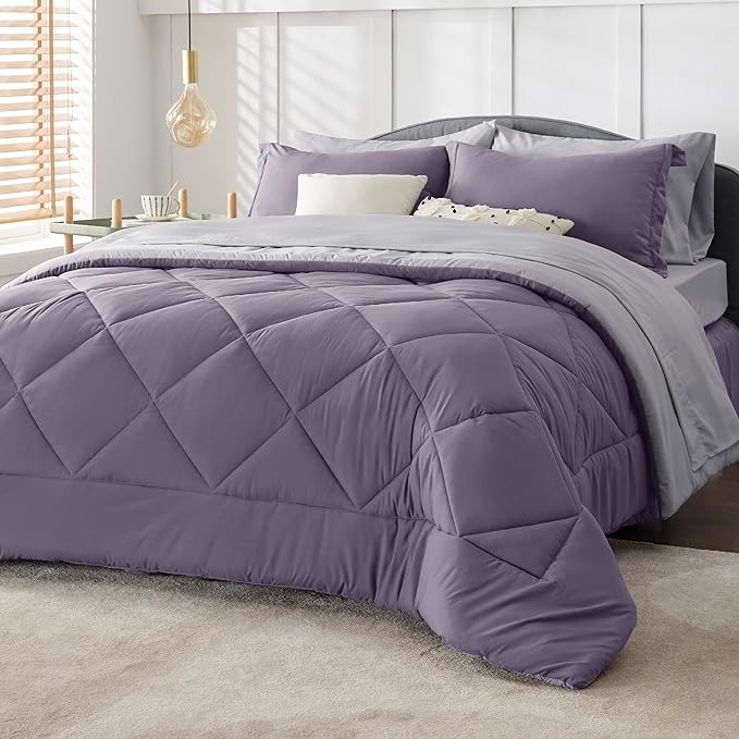Bedsure Grayish Purple King Size Comforter Set - 7 Pieces Reversible King Bed in a Bag, King Bed Set Grayish Purple and Grey with Comforters, Sheets, Pillowcases & Shams