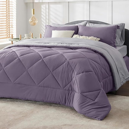Bedsure Grayish Purple Queen Comforter Set - 7 Pieces Reversible Queen Bed in a Bag, Queen Bed Set Grayish Purple and Grey with Comforters, Sheets, Pillowcases & Shams