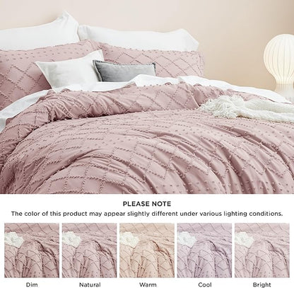 Bedsure Full Size Comforter Set - Dusty Rose Comforter, Boho Tufted Shabby Chic Bedding Comforter Set, 3 Pieces Vintage Farmhouse Bed Set for All Seasons, Fluffy Soft Bedding Set with 2 Pillow Shams