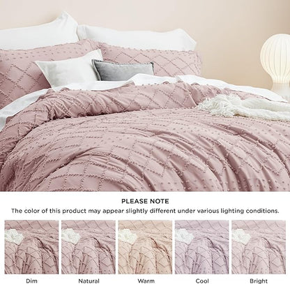 Bedsure Queen Comforter Set - Dusty Rose Boho Comforter, Tufted Shabby Chic Bedding Comforter Set, 3 Pieces Vintage Farmhouse Bed Set for All Seasons, Fluffy Soft Bedding Set with 2 Pillow Shams