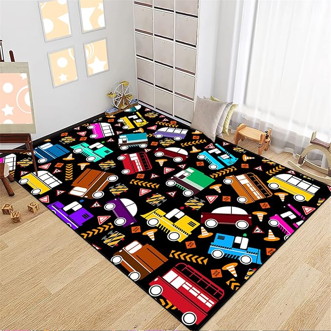 Car Rug Play Mat Kids Rugs for Playroom Car Rug for Boys Room Kids Mat Construction Play Mat Car Play Rug Car Carpet for Kids Carpet for Bedroom Truck Rugs for Boys Room,Black 3'×5'